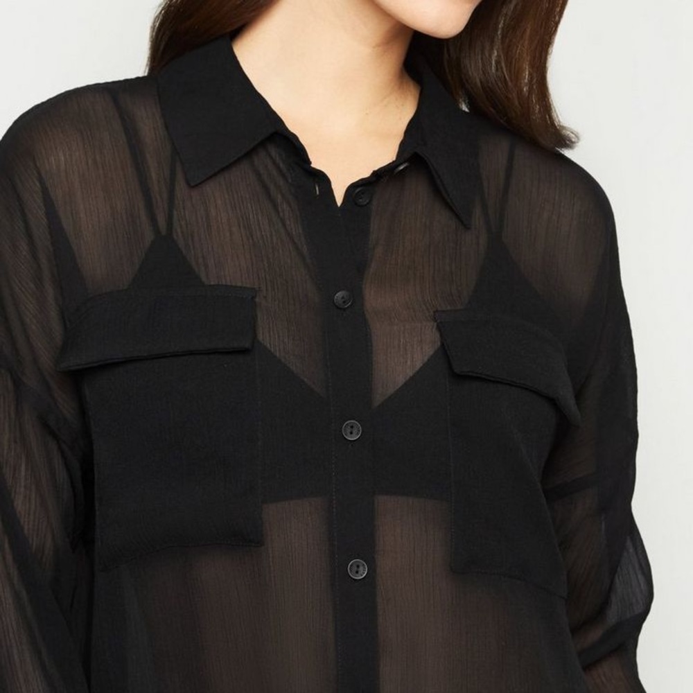 Cropped mesh black button up